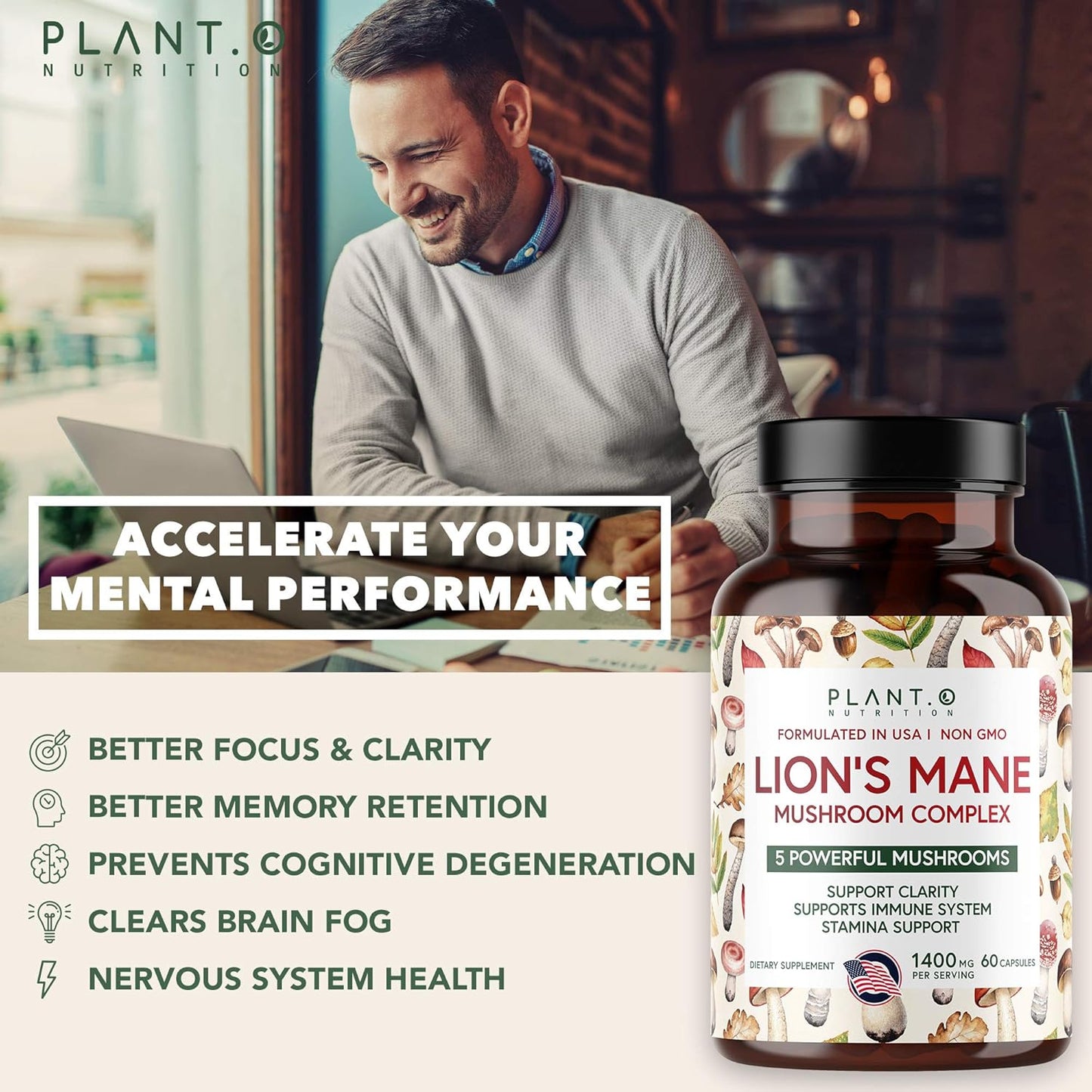 Premium Plant-Based Lion's Mane Nootropic Brain Supplement with 5 Mushroom Complex - Immunity, Focus, Mood, Memory - 90 Capsules