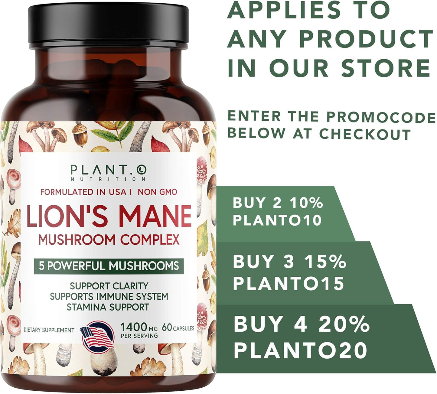 Premium Plant-Based Lion's Mane Nootropic Brain Supplement with 5 Mushroom Complex - Immunity, Focus, Mood, Memory - 90 Capsules