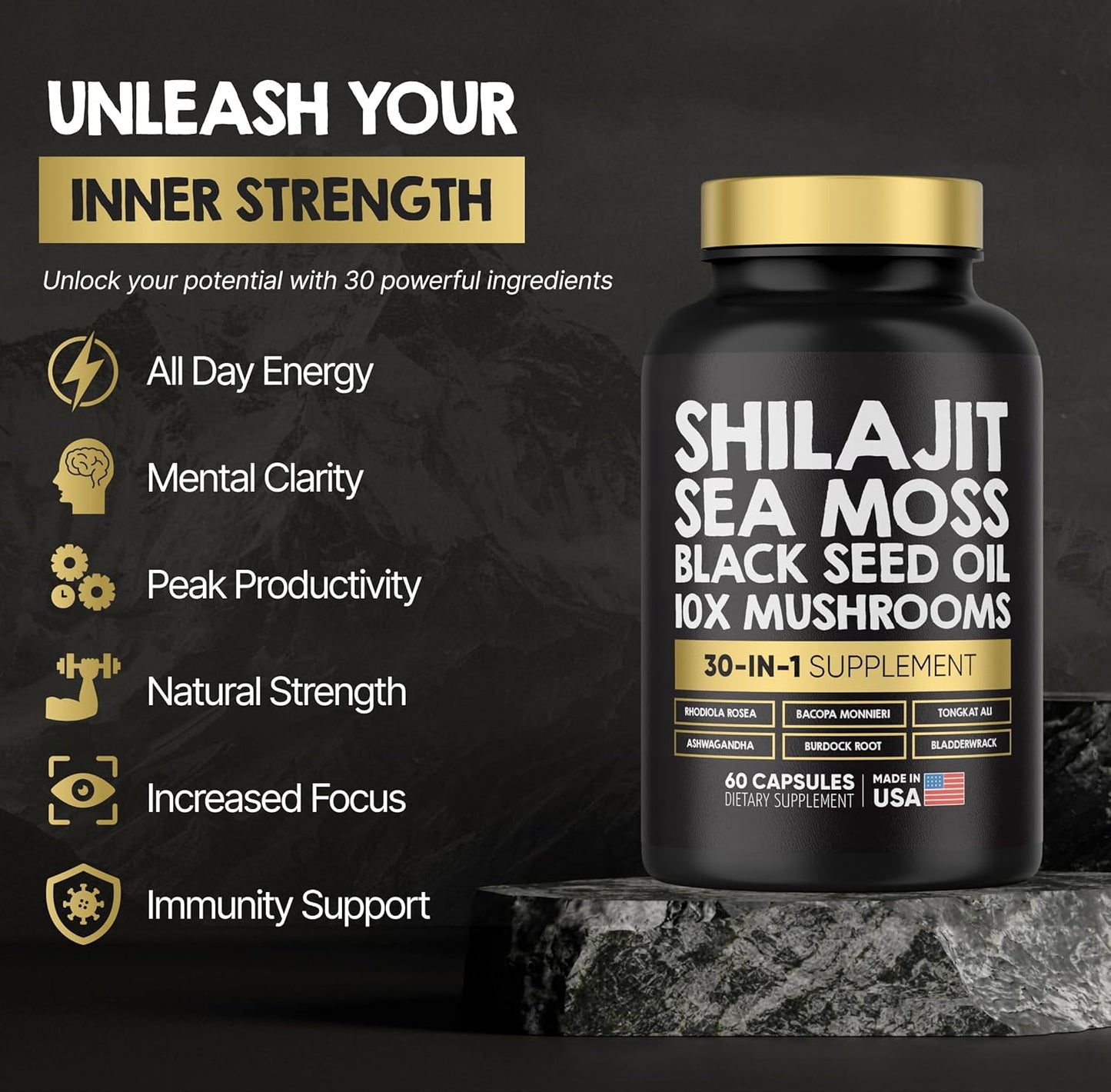 Premium Power Blend Capsules - 30-in-1 Supplement Bundle with Shilajit, Sea Moss, Black Seed Oil, Ashwagandha, Mushrooms, Tongkat Ali, Maca - Holistic Pills Combo