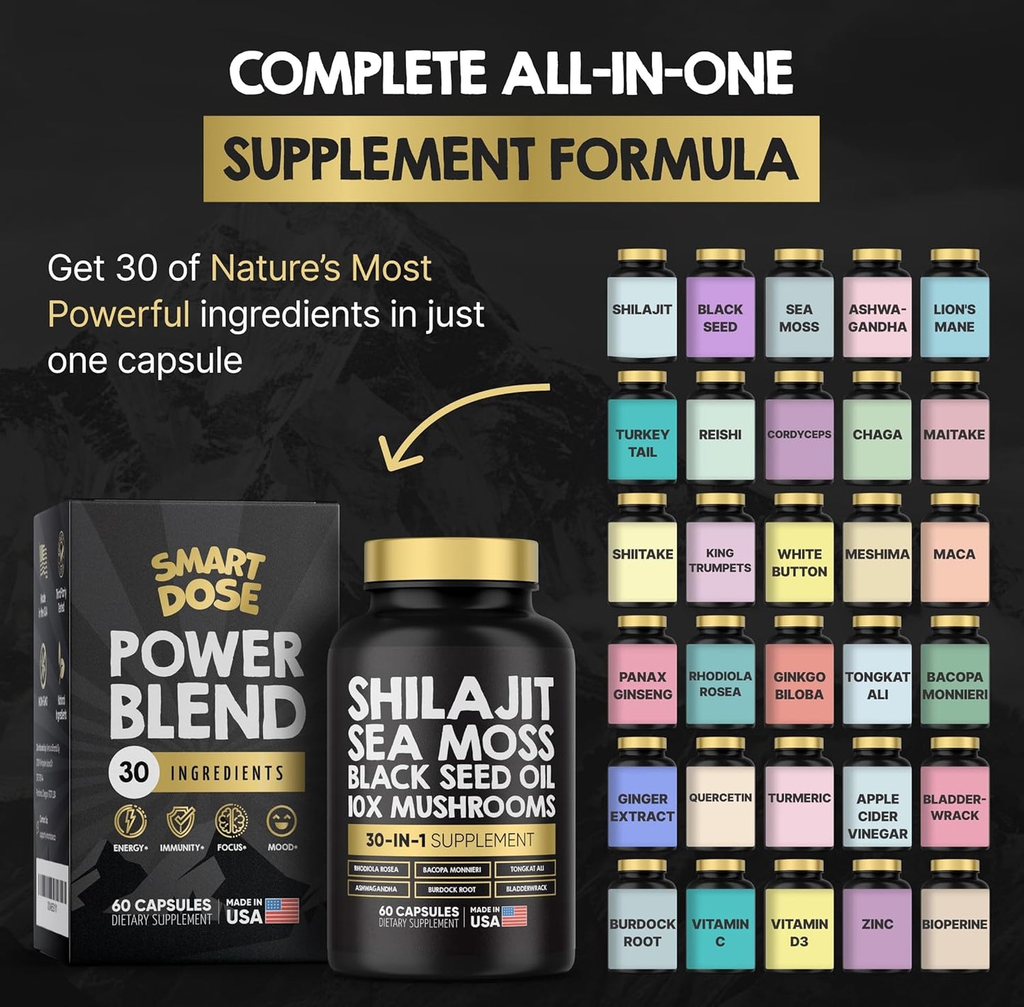 Premium Power Blend Capsules - 30-in-1 Supplement Bundle with Shilajit, Sea Moss, Black Seed Oil, Ashwagandha, Mushrooms, Tongkat Ali, Maca - Holistic Pills Combo