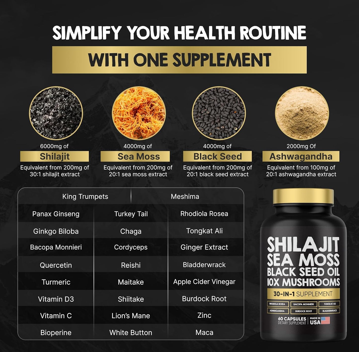 Premium Power Blend Capsules - 30-in-1 Supplement Bundle with Shilajit, Sea Moss, Black Seed Oil, Ashwagandha, Mushrooms, Tongkat Ali, Maca - Holistic Pills Combo
