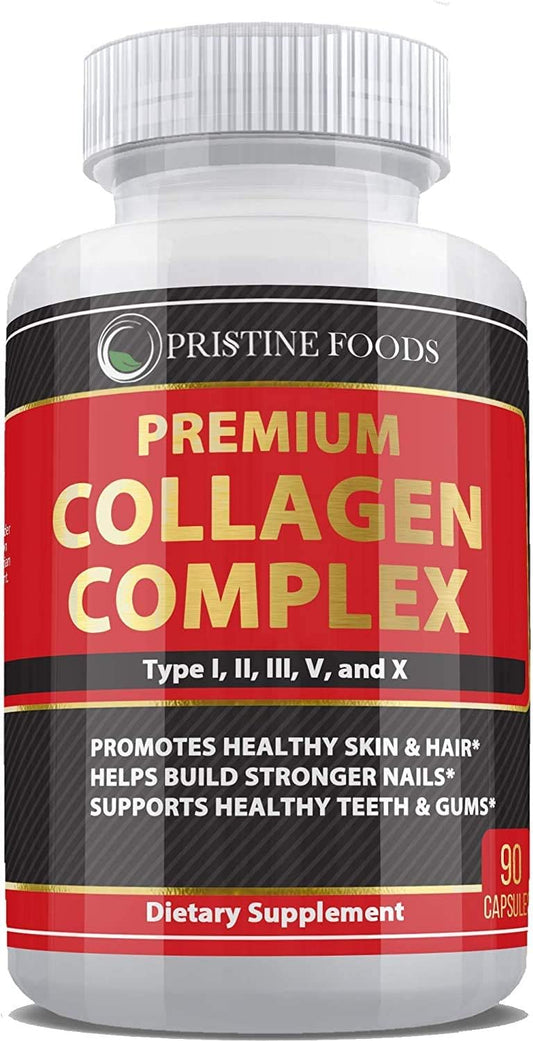 Premium Pristine Foods Collagen Complex Supplement 1500mg - Type I, II, III, V, X - Hydrolyzed Multi Collagen Capsules for Hair, Skin, Bone & Joints - Non GMO - 90 Veggie Capsules - USA Made