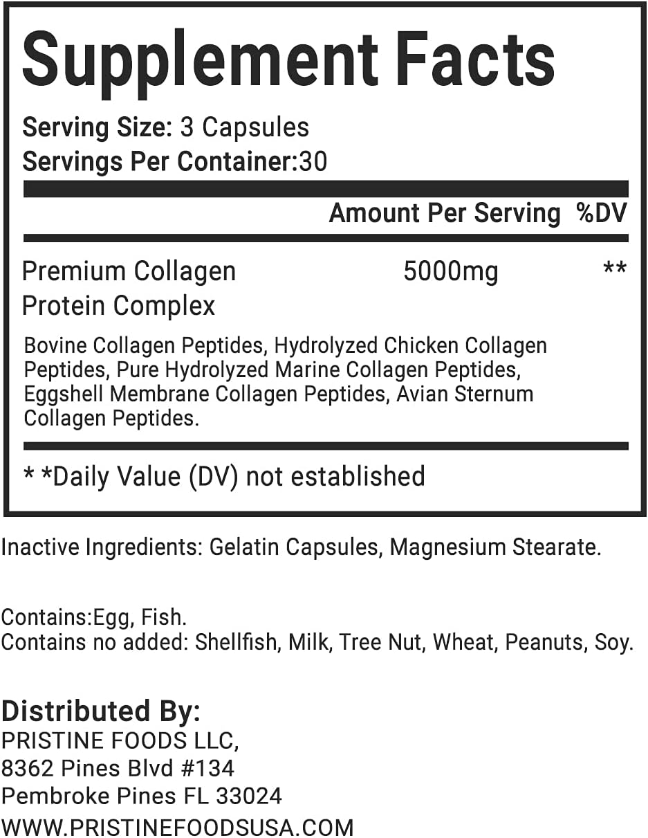 Premium Pristine Foods Collagen Complex Supplement 1500mg - Type I, II, III, V, X - Hydrolyzed Multi Collagen Capsules for Hair, Skin, Bone & Joints - Non GMO - 90 Veggie Capsules - USA Made