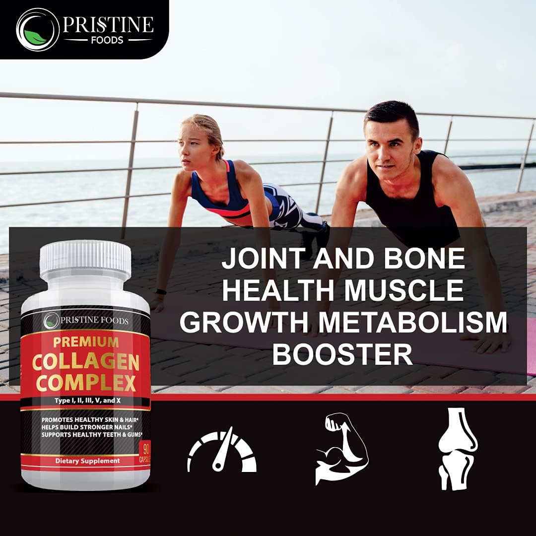 Premium Pristine Foods Collagen Complex Supplement 1500mg - Type I, II, III, V, X - Hydrolyzed Multi Collagen Capsules for Hair, Skin, Bone & Joints - Non GMO - 90 Veggie Capsules - USA Made