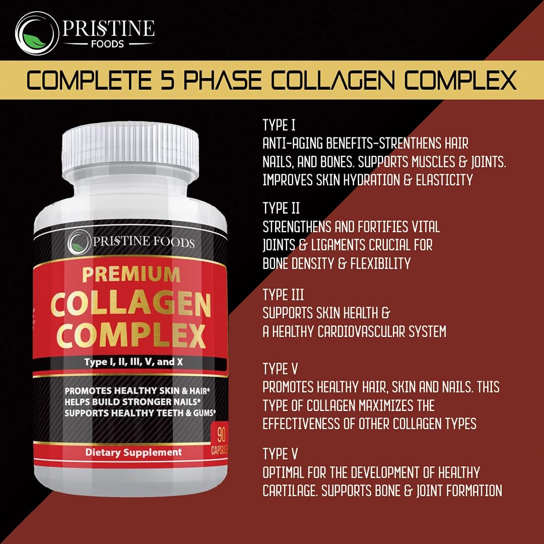 Premium Pristine Foods Collagen Complex Supplement 1500mg - Type I, II, III, V, X - Hydrolyzed Multi Collagen Capsules for Hair, Skin, Bone & Joints - Non GMO - 90 Veggie Capsules - USA Made