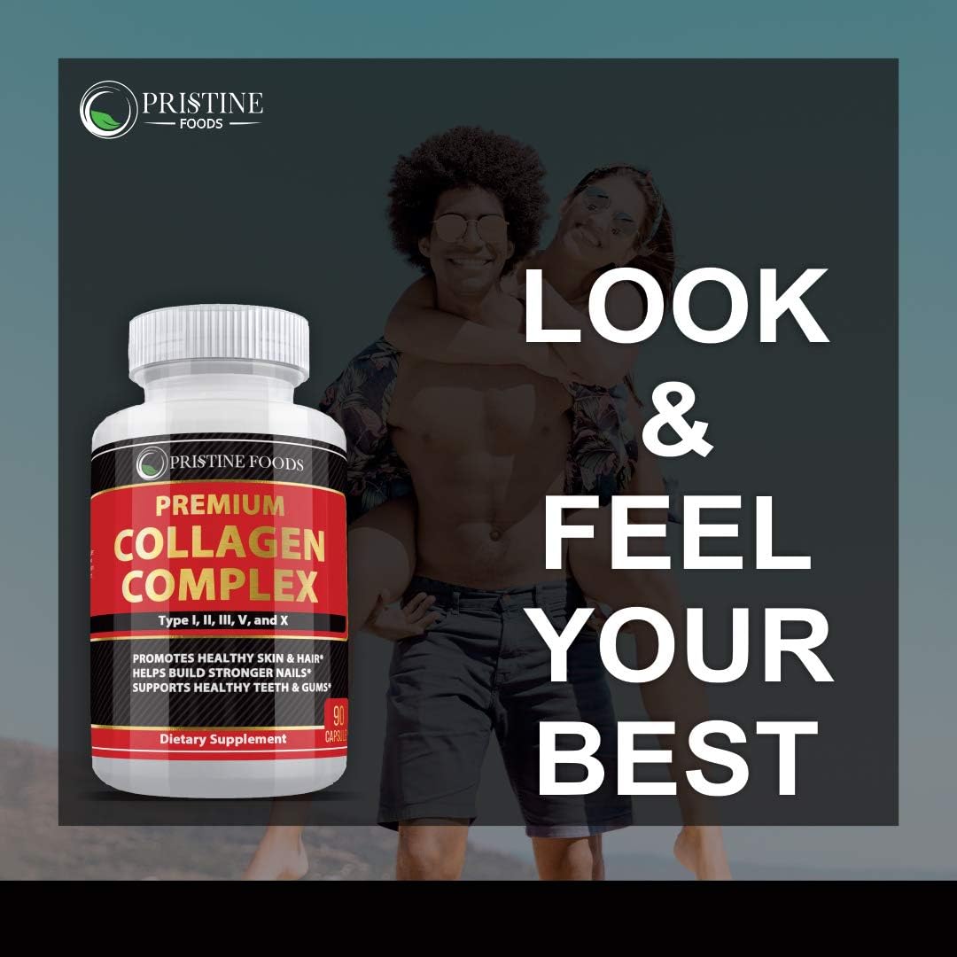 Premium Pristine Foods Collagen Complex Supplement 1500mg - Type I, II, III, V, X - Hydrolyzed Multi Collagen Capsules for Hair, Skin, Bone & Joints - Non GMO - 90 Veggie Capsules - USA Made