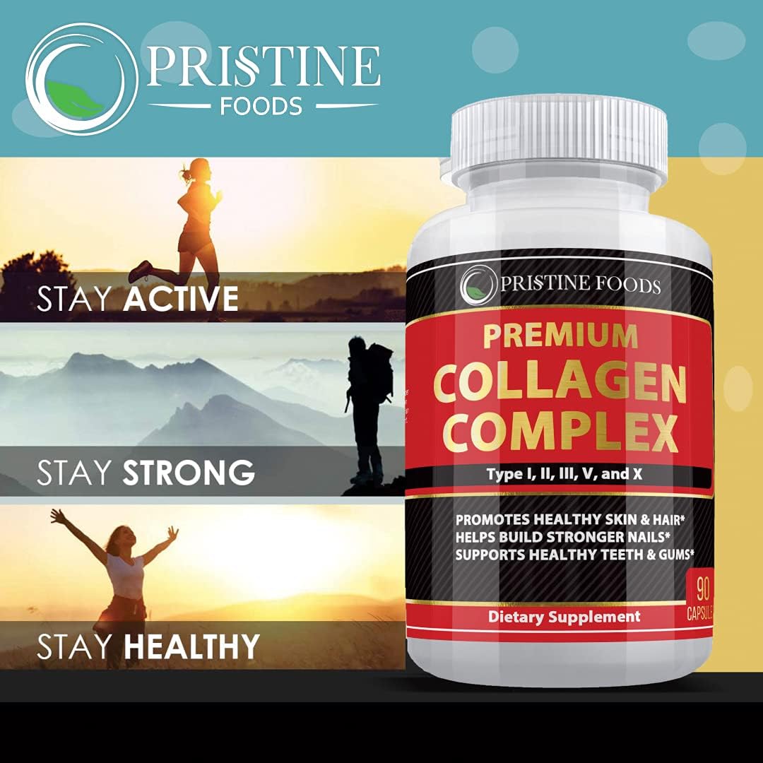 Premium Pristine Foods Collagen Complex Supplement 1500mg - Type I, II, III, V, X - Hydrolyzed Multi Collagen Capsules for Hair, Skin, Bone & Joints - Non GMO - 90 Veggie Capsules - USA Made