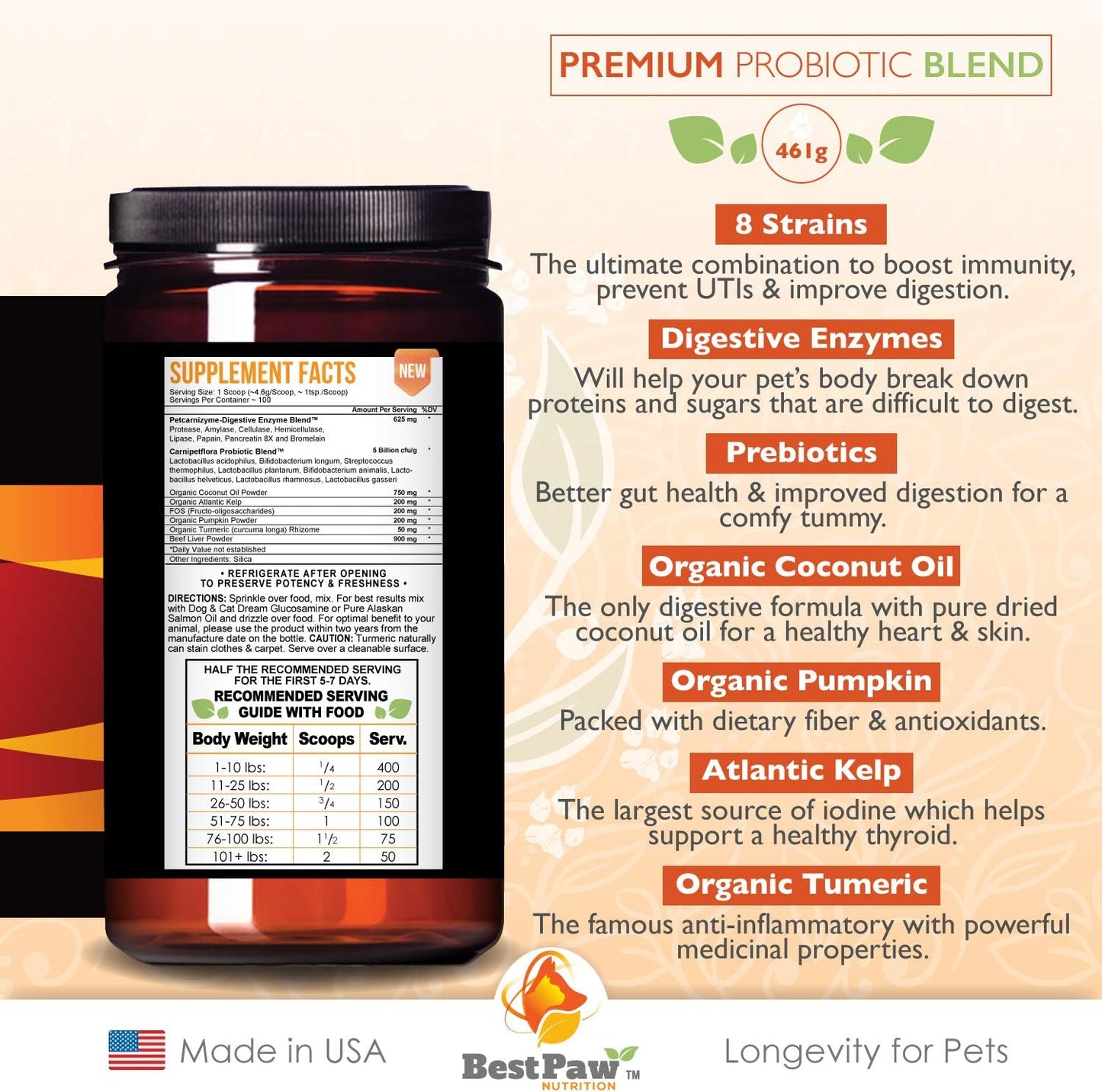 Premium Probiotic, Prebiotic, and Digestive Enzymes for Dogs and Cats - Organic Turmeric, Coconut Oil, Pumpkin, and Kelp for Healthy Gut and Urinary Tract Functions - 5 Billion CFU