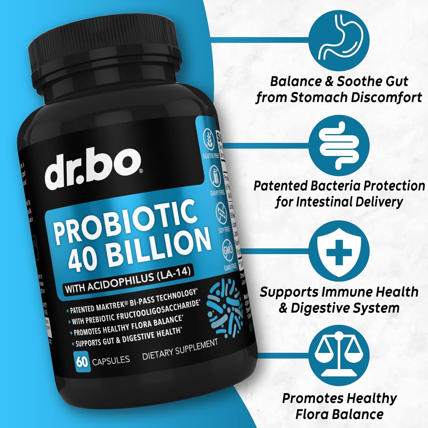 Premium Probiotic Supplement with 40 Billion CFU - Lactobacillus Acidophilus for Men & Women - Gluten Free Digestive Health Pills with Bifidobacterium - 60 Capsules