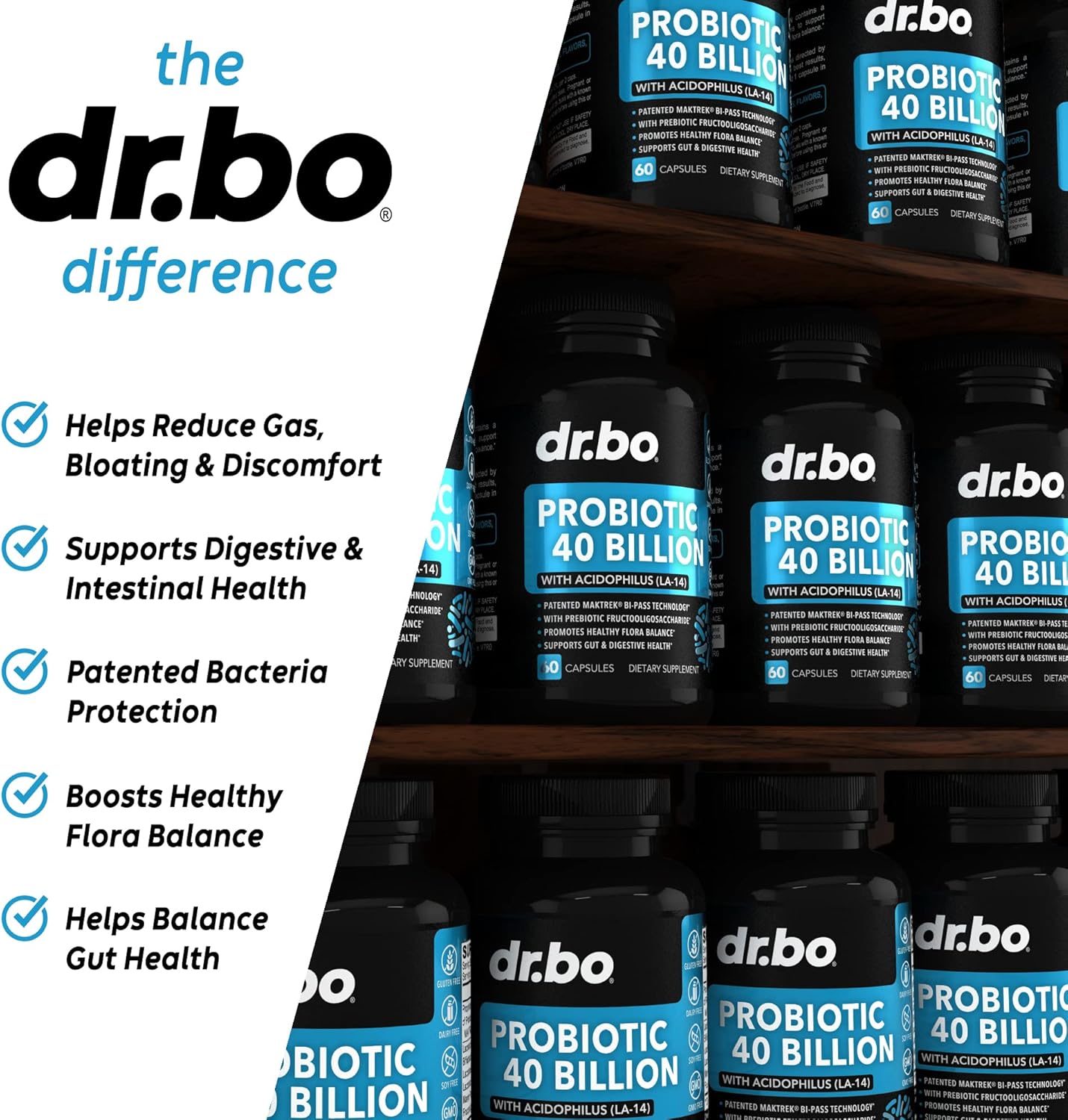 Premium Probiotic Supplement with 40 Billion CFU - Lactobacillus Acidophilus for Men & Women - Gluten Free Digestive Health Pills with Bifidobacterium - 60 Capsules