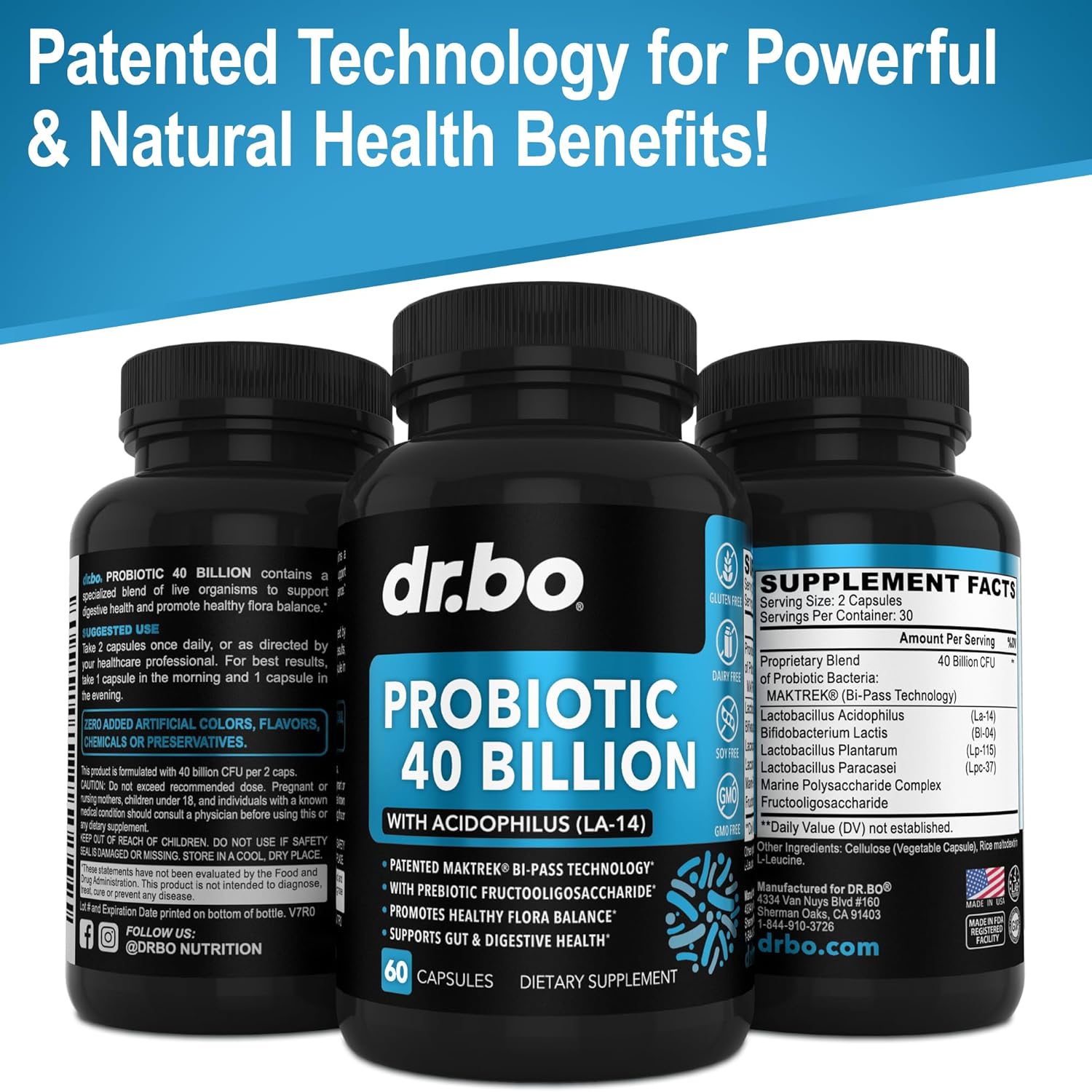 Premium Probiotic Supplement with 40 Billion CFU - Lactobacillus Acidophilus for Men & Women - Gluten Free Digestive Health Pills with Bifidobacterium - 60 Capsules