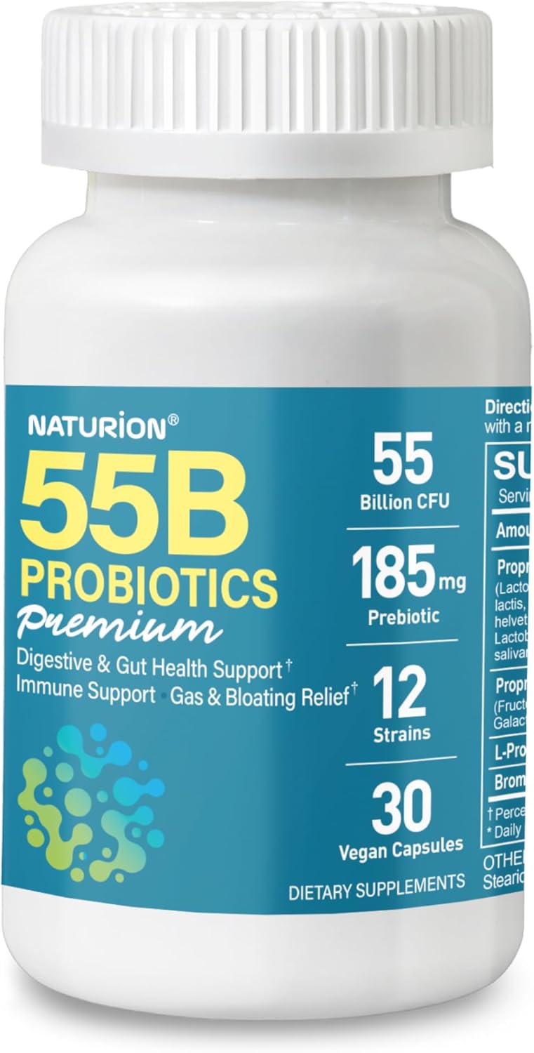 Premium Probiotic Supplement with 55 Billion CFU, 12 Strains, Prebiotic for Immune and Gut Health - 30 Vegan Capsules
