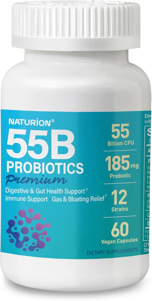 Premium Probiotic Supplement with 55 Billion CFU, 12 Strains, and Prebiotic for Immune and Digestive Health - Vegan Capsules for Occasional Constipation, Gas, and Bloating - 60 Day Supply