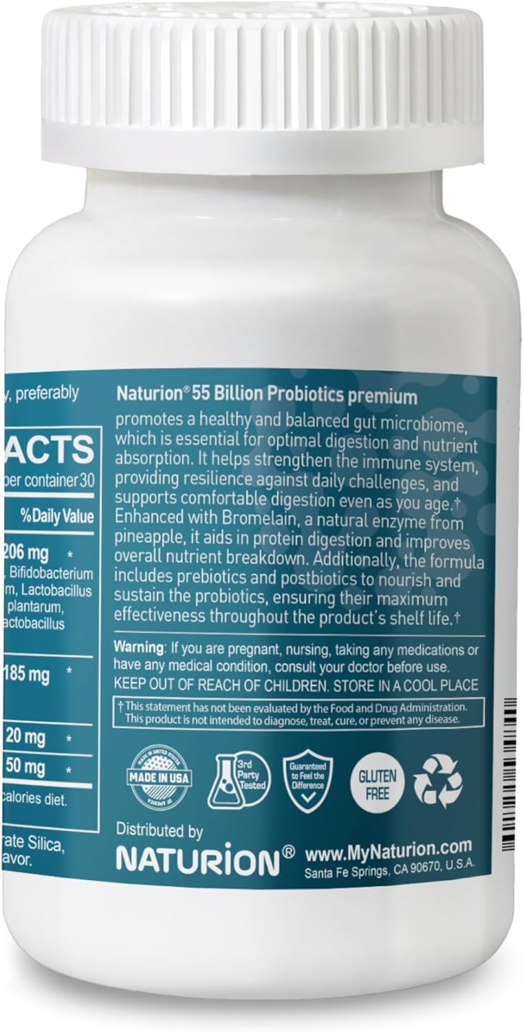 Premium Probiotic Supplement with 55 Billion CFU, 12 Strains, Prebiotic for Immune and Gut Health - 30 Vegan Capsules