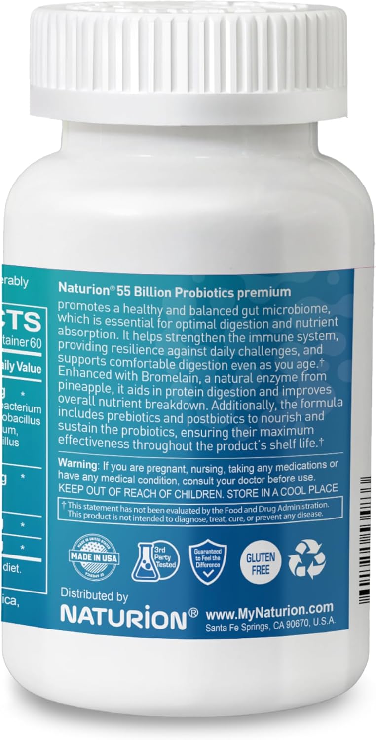 Premium Probiotic Supplement with 55 Billion CFU, 12 Strains, and Prebiotic for Immune and Digestive Health - Vegan Capsules for Occasional Constipation, Gas, and Bloating - 60 Day Supply