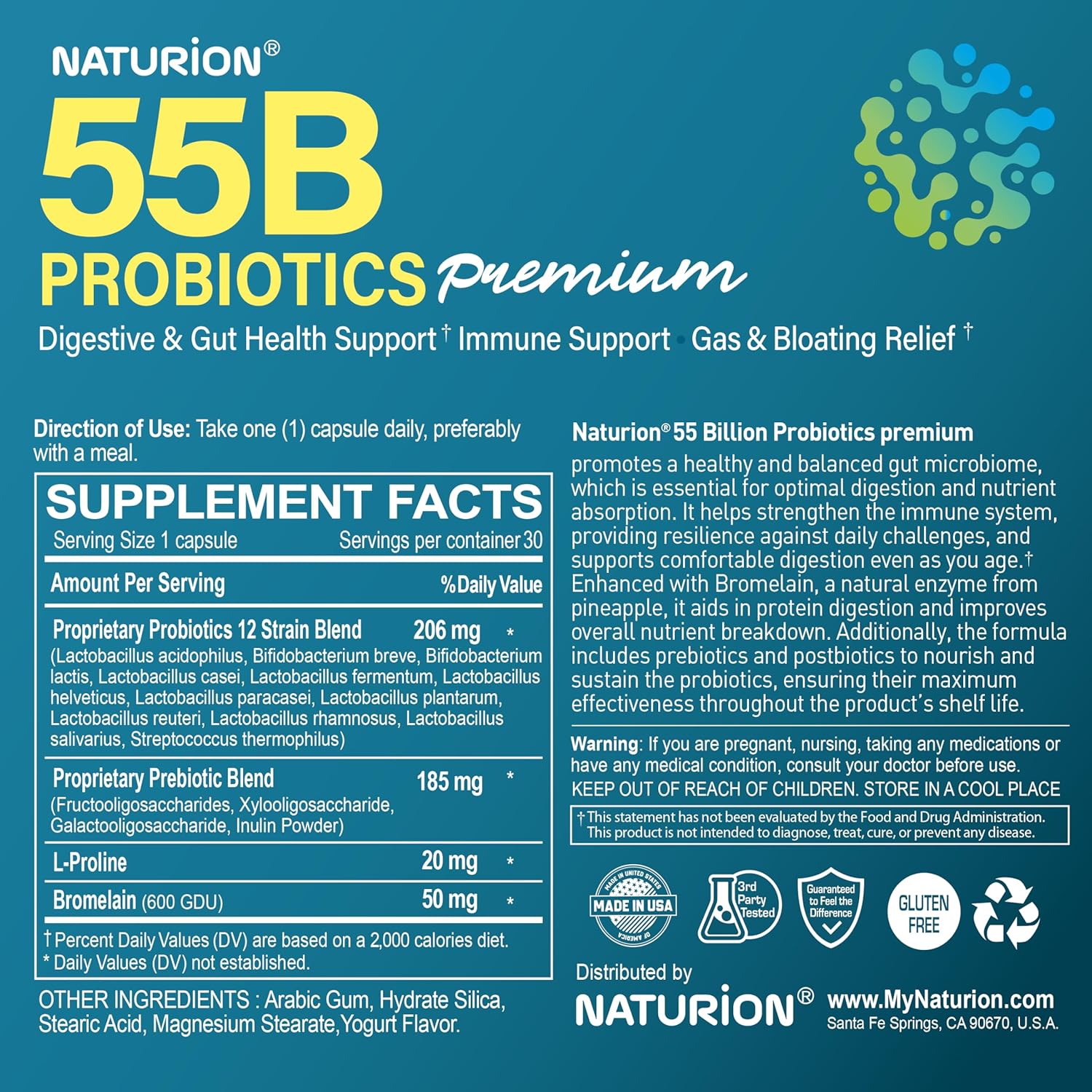 Premium Probiotic Supplement with 55 Billion CFU, 12 Strains, Prebiotic for Immune and Gut Health - 30 Vegan Capsules