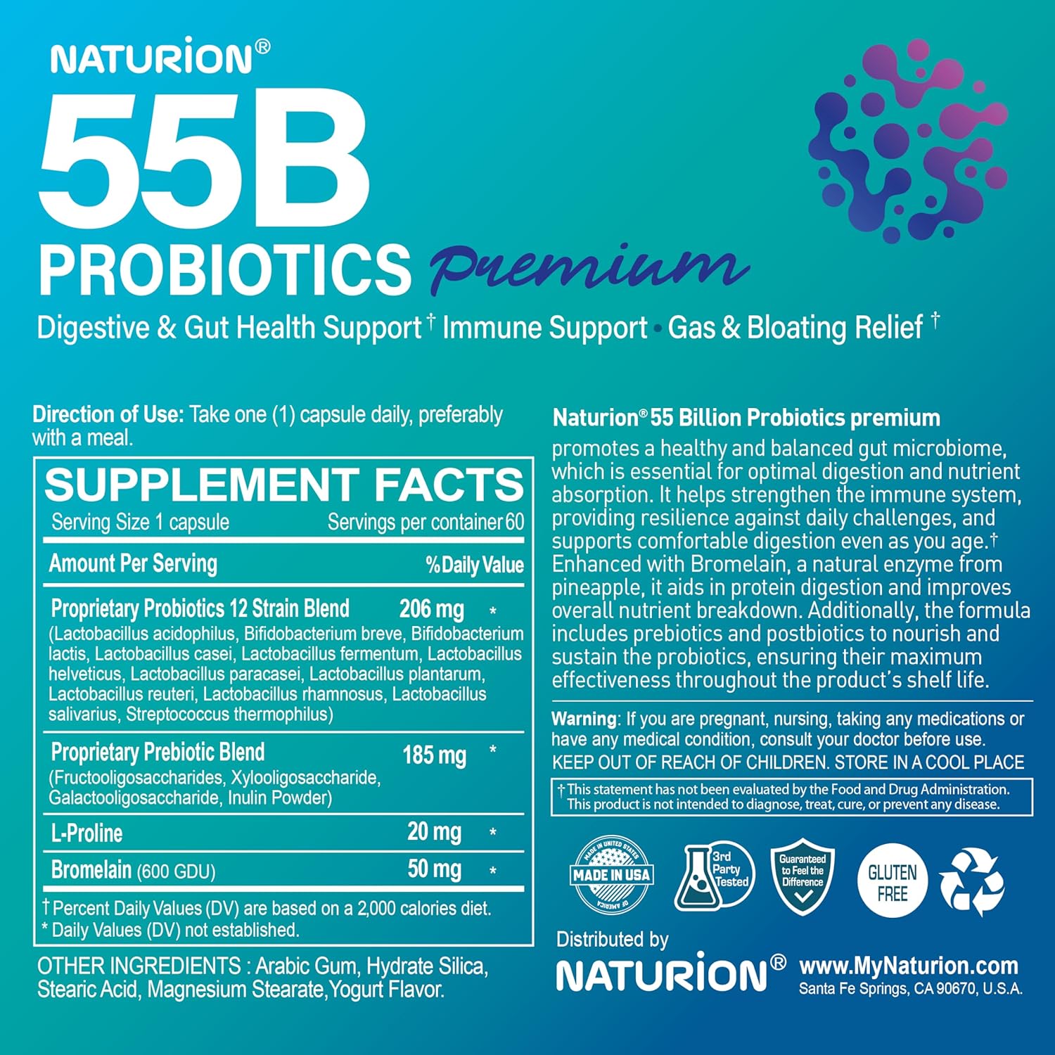 Premium Probiotic Supplement with 55 Billion CFU, 12 Strains, and Prebiotic for Immune and Digestive Health - Vegan Capsules for Occasional Constipation, Gas, and Bloating - 60 Day Supply