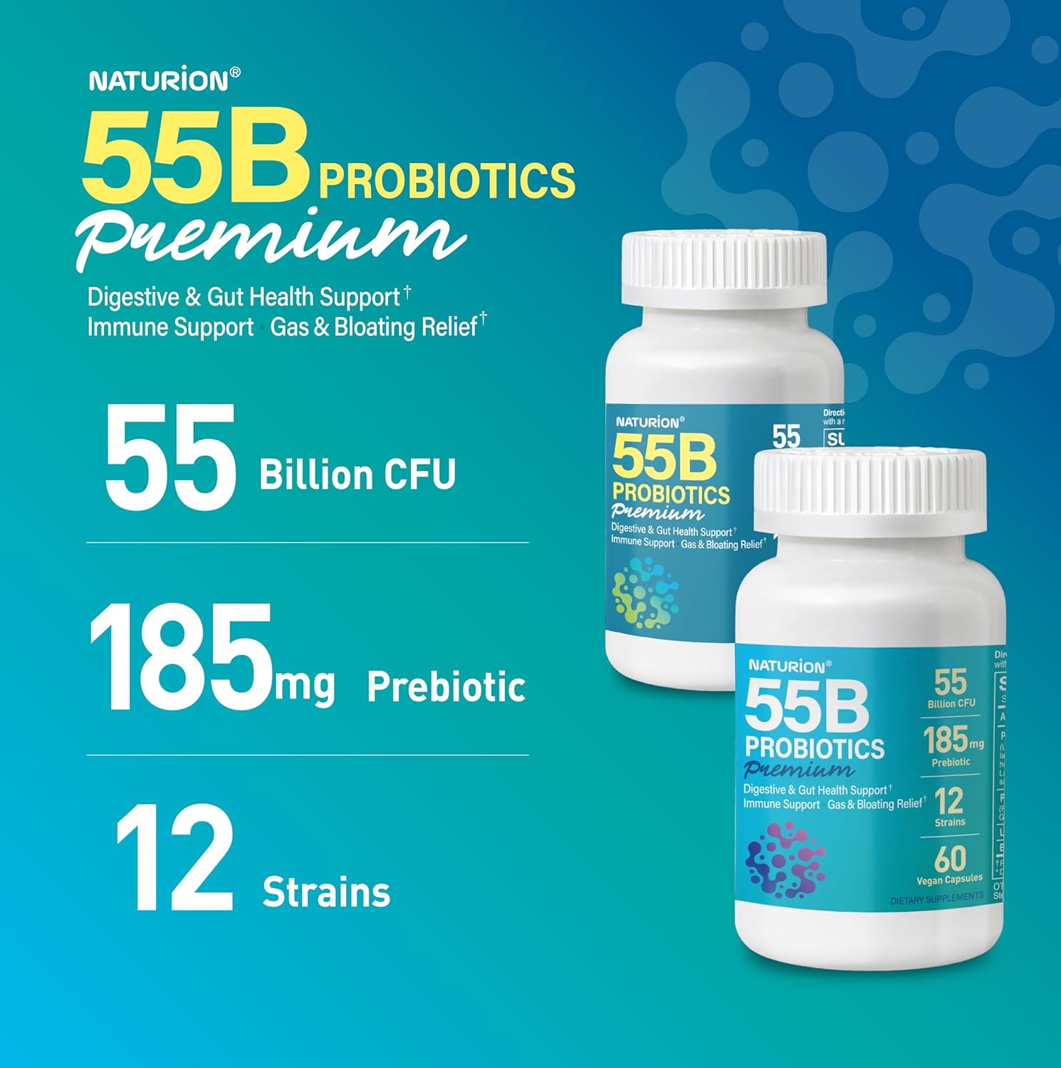 Premium Probiotic Supplement with 55 Billion CFU, 12 Strains, and Prebiotic for Immune and Digestive Health - Vegan Capsules for Occasional Constipation, Gas, and Bloating - 60 Day Supply