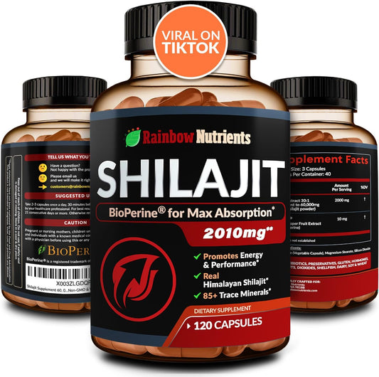 Premium Pure Himalayan Shilajit Capsules with 85+ Trace Minerals - Energy & Immune Support - Non GMO - 120 Pills - Rainbow Nutrients, LLC