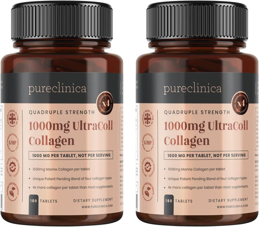 Premium Pureclinica UltraColl Marine Collagen 1000mg - 360 Tablets (2 Bottles, 6 Months Supply) - Patented Anti-Aging Formula with Types I, II, III, and VII