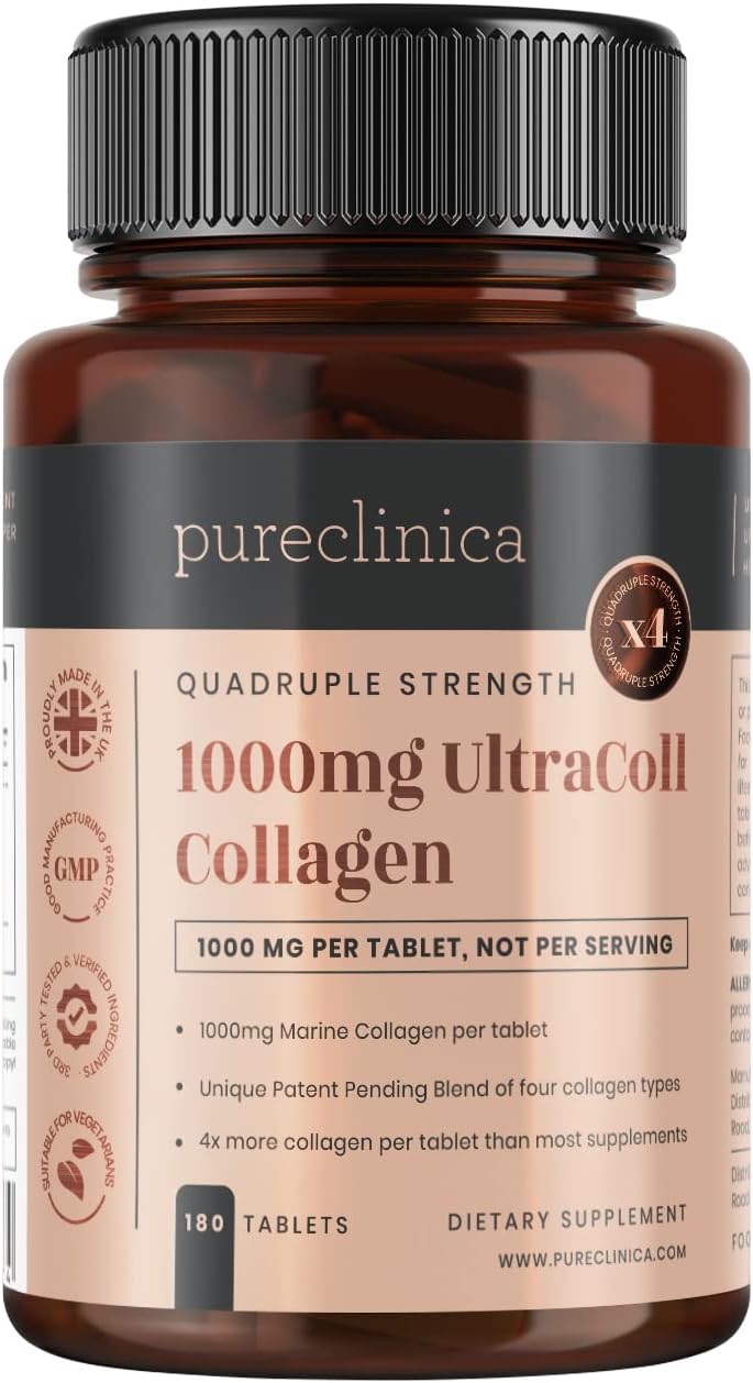 Premium Pureclinica UltraColl Marine Collagen 1000mg - 360 Tablets (2 Bottles, 6 Months Supply) - Patented Anti-Aging Formula with Types I, II, III, and VII