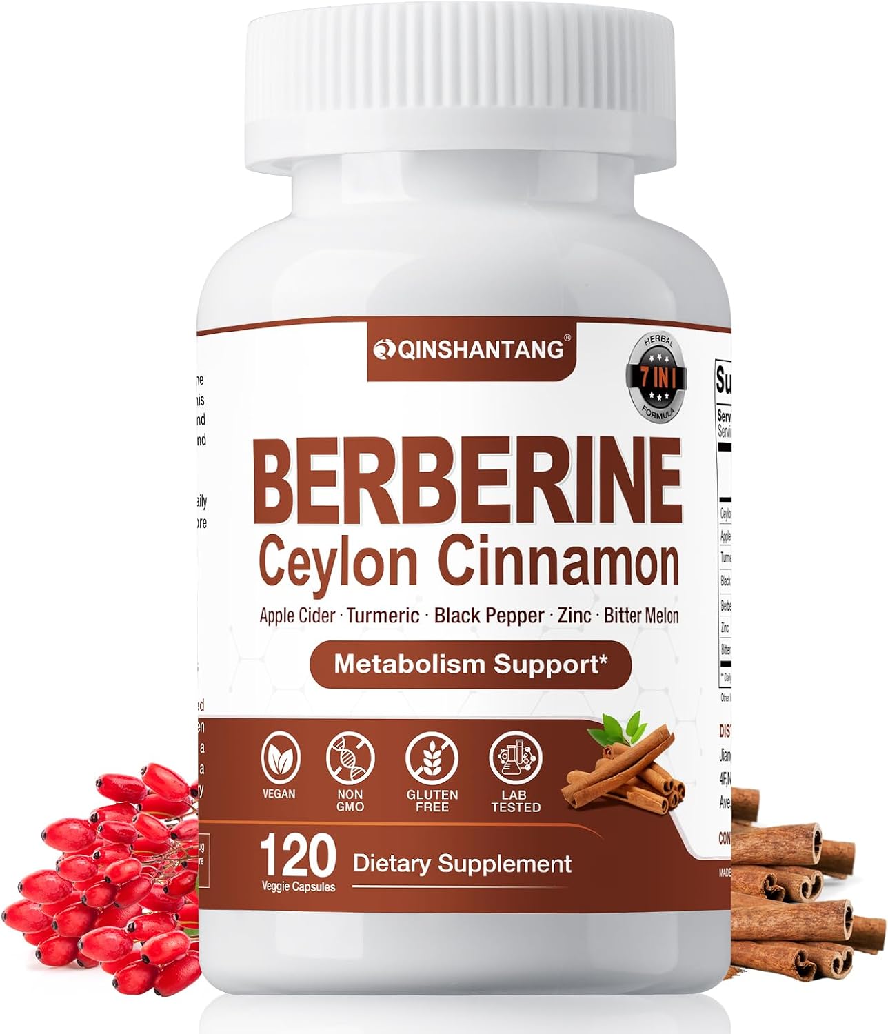 Premium QIN SHAN TANG Berberine with Ceylon Cinnamon Capsules - 120 Count, 1318mg - Vegan & Non-GMO - Immune Support & Natural Supplement Boost