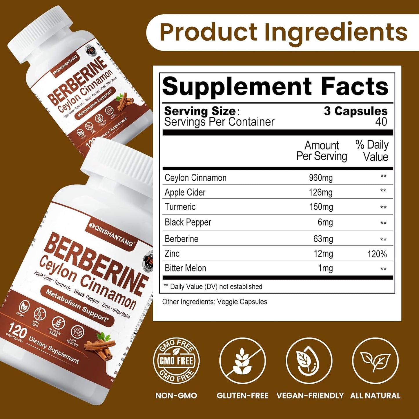 Premium QIN SHAN TANG Berberine with Ceylon Cinnamon Capsules - 120 Count, 1318mg - Vegan & Non-GMO - Immune Support & Natural Supplement Boost