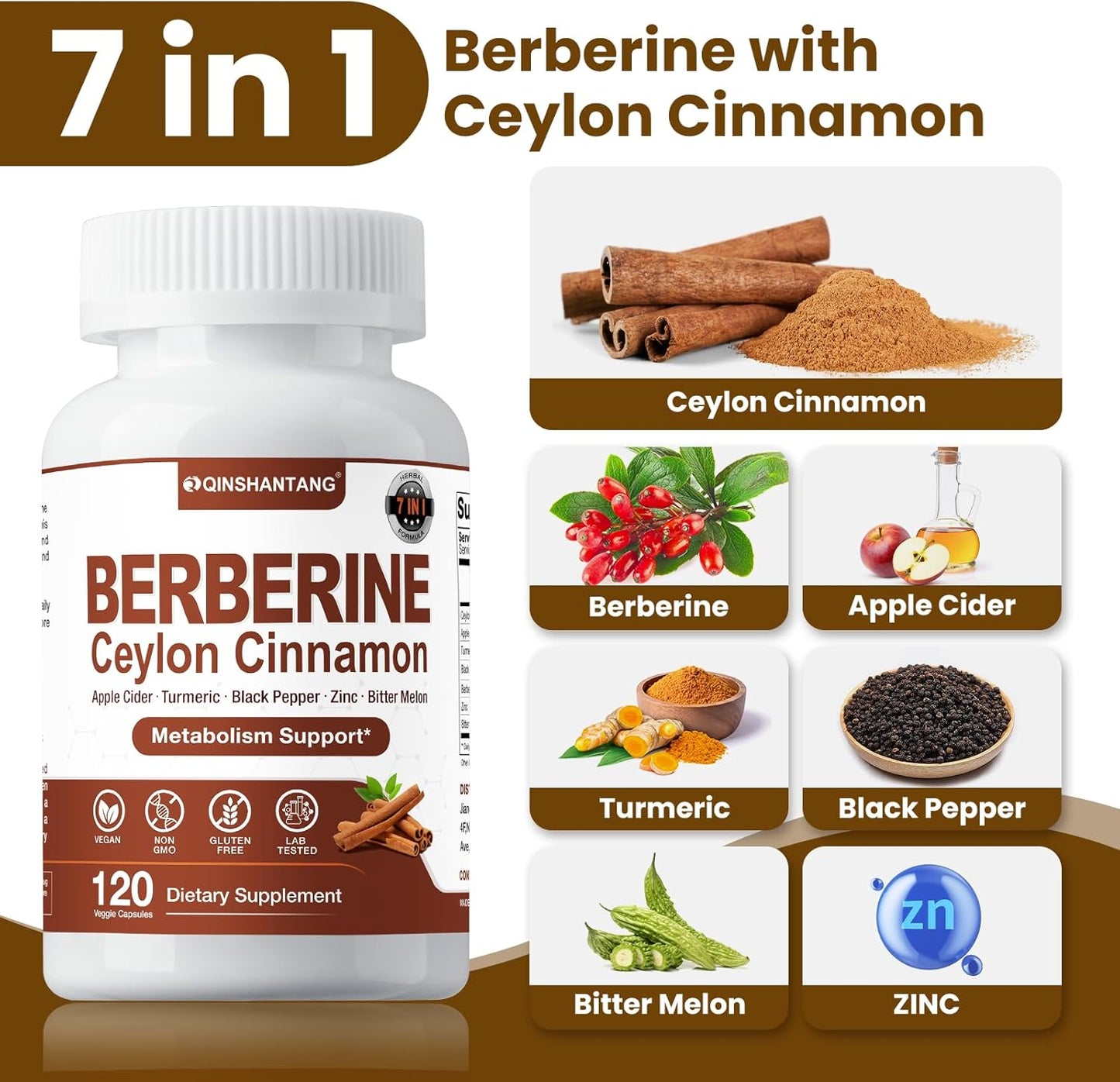 Premium QIN SHAN TANG Berberine with Ceylon Cinnamon Capsules - 120 Count, 1318mg - Vegan & Non-GMO - Immune Support & Natural Supplement Boost