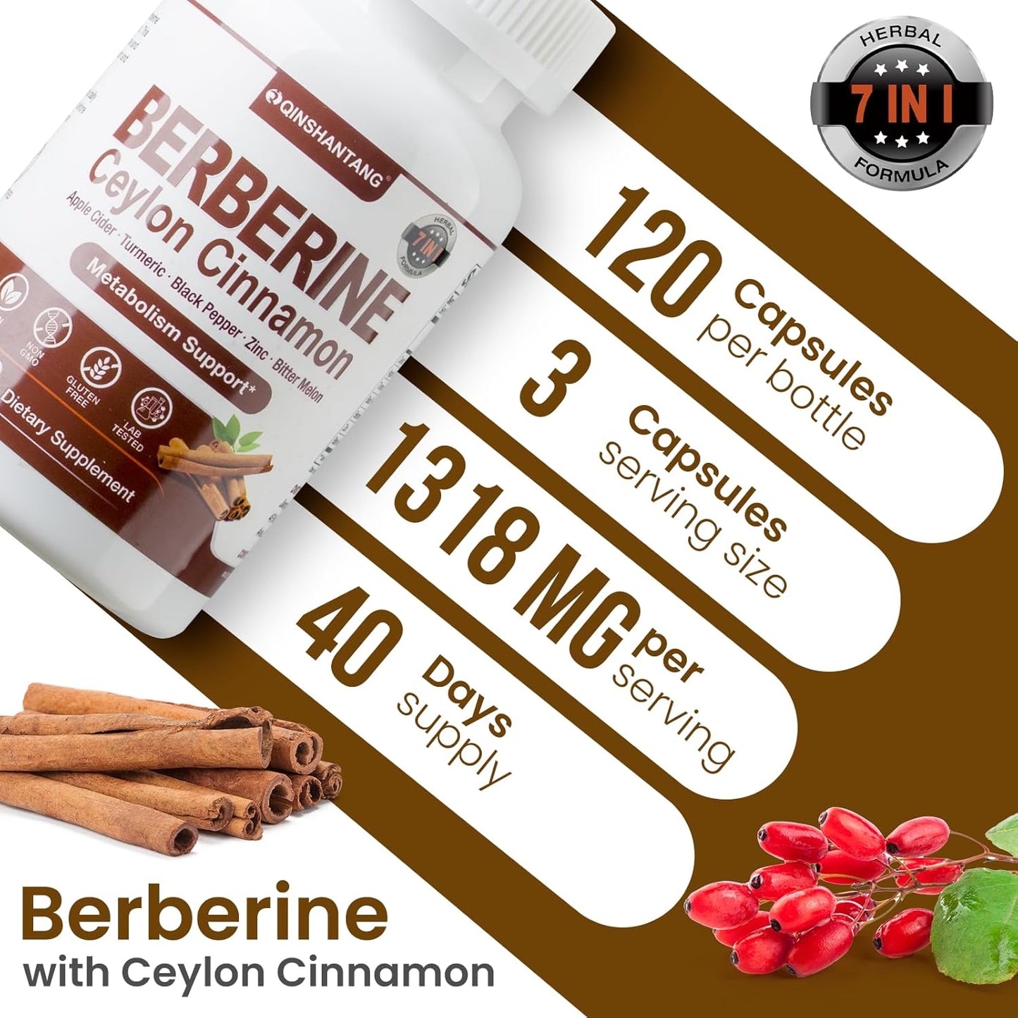Premium QIN SHAN TANG Berberine with Ceylon Cinnamon Capsules - 120 Count, 1318mg - Vegan & Non-GMO - Immune Support & Natural Supplement Boost