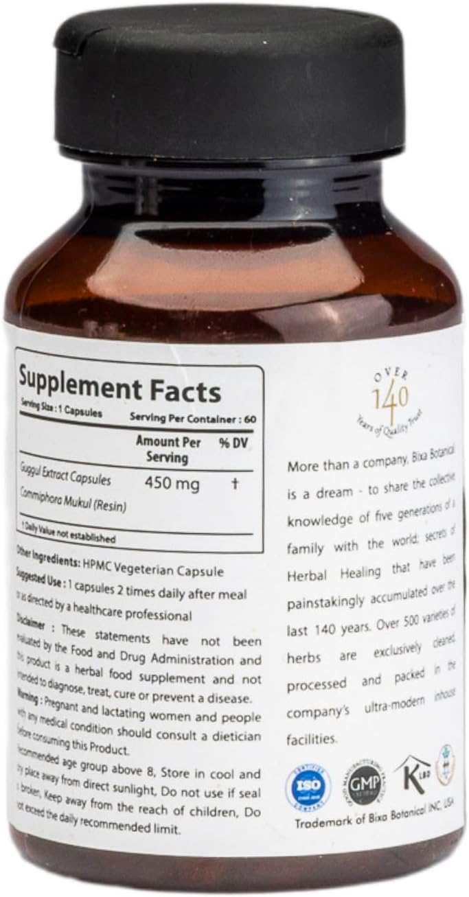 Premium Quality Bixa Botanical Ayurvedic Guggul Extract Herbal Supplement, 60 Veg Capsules (450mg)