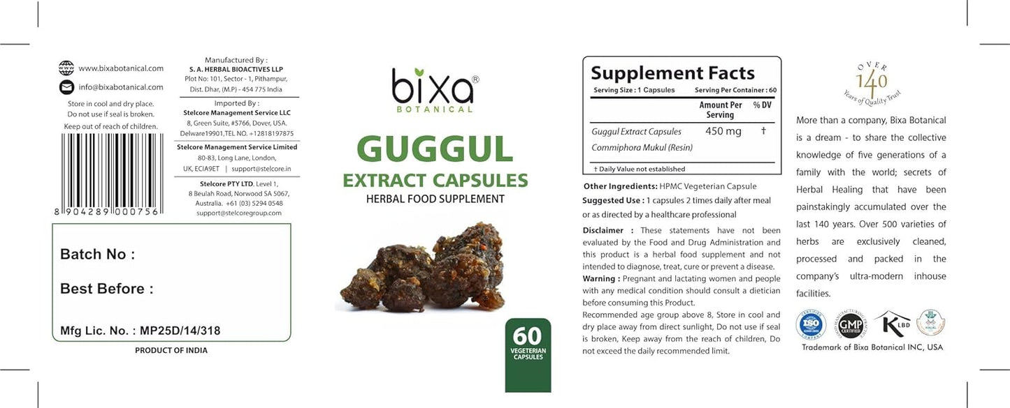 Premium Quality Bixa Botanical Ayurvedic Guggul Extract Herbal Supplement, 60 Veg Capsules (450mg)