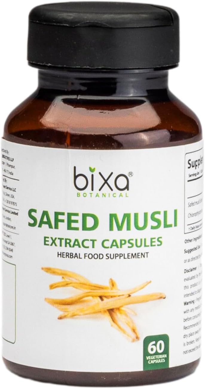 Premium Quality bixa BOTANICAL Ayurvedic Safed Musli Powder Herbal Supplement - Pure, Authentic, Gluten Free, Non-GMO, Vegan - 60 Count Pack