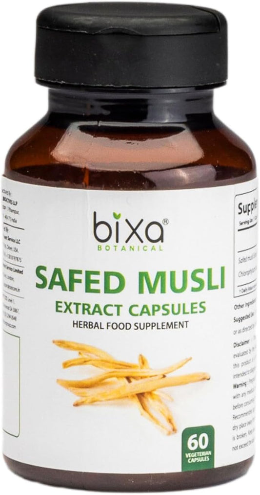 Premium Quality bixa BOTANICAL Ayurvedic Safed Musli Powder Herbal Supplement - Pure, Authentic, Gluten Free, Non-GMO, Vegan - 60 Count Pack