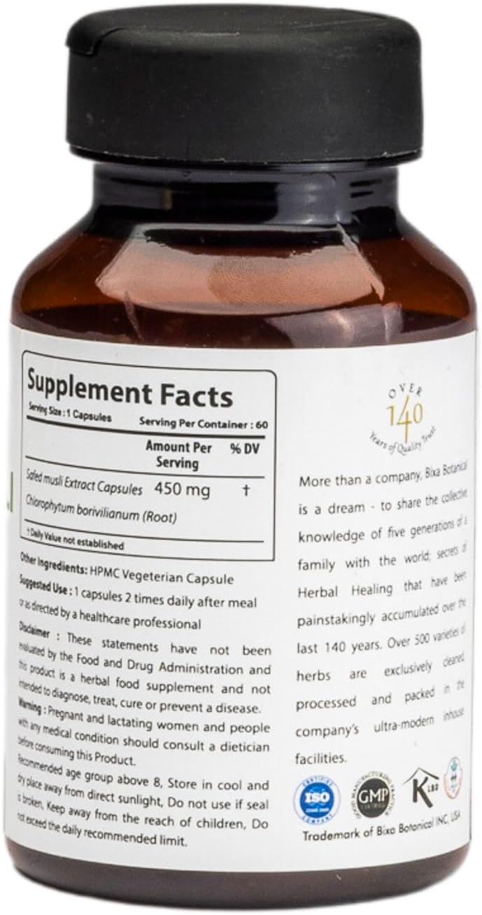 Premium Quality bixa BOTANICAL Ayurvedic Safed Musli Powder Herbal Supplement - Pure, Authentic, Gluten Free, Non-GMO, Vegan - 60 Count Pack