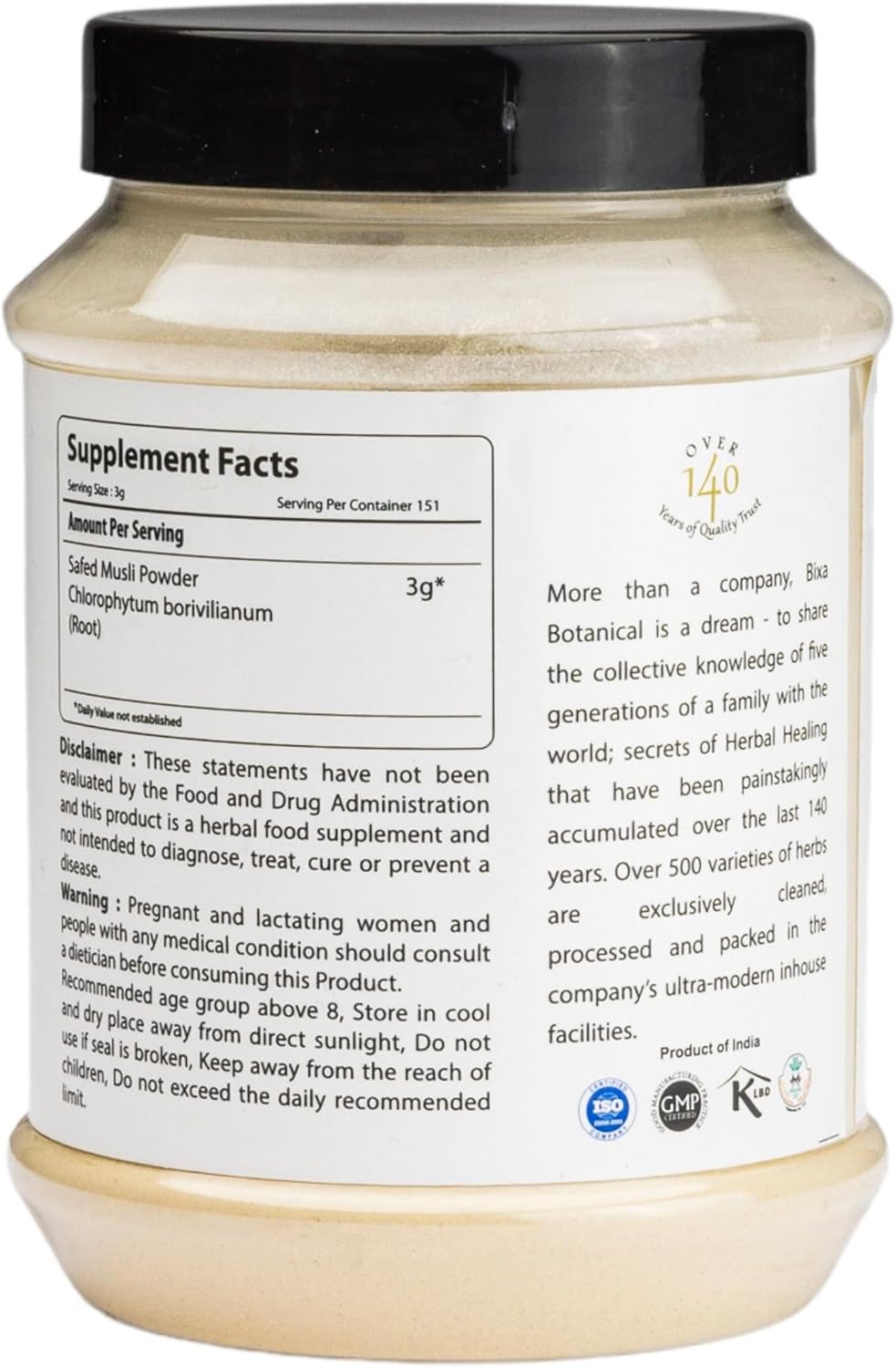 Premium Quality Bixa Botanical Ayurvedic Safed Musli Powder Supplement - 16 Ounce Pack, Gluten-Free & Vegan - Non-GMO & Steam Sterilized