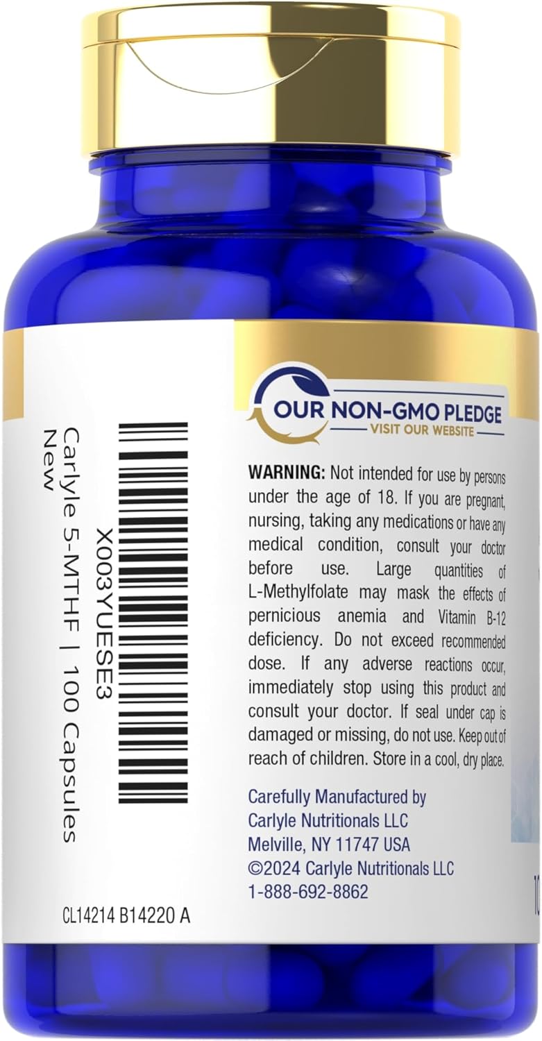 Premium Quality Carlyle 5-MTHF Supplement 15mg | 100 Capsules of L-Methylfolate | Non-GMO & Gluten Free