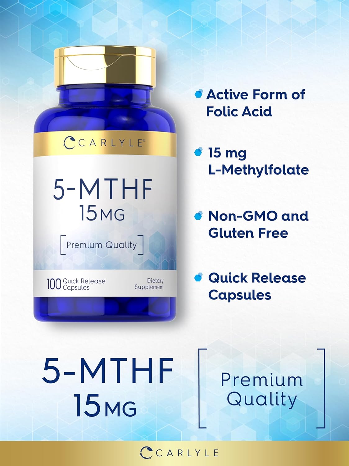 Premium Quality Carlyle 5-MTHF Supplement 15mg | 100 Capsules of L-Methylfolate | Non-GMO & Gluten Free