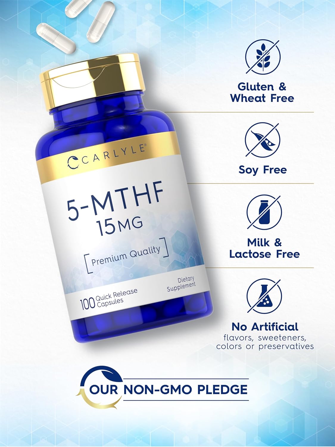 Premium Quality Carlyle 5-MTHF Supplement 15mg | 100 Capsules of L-Methylfolate | Non-GMO & Gluten Free