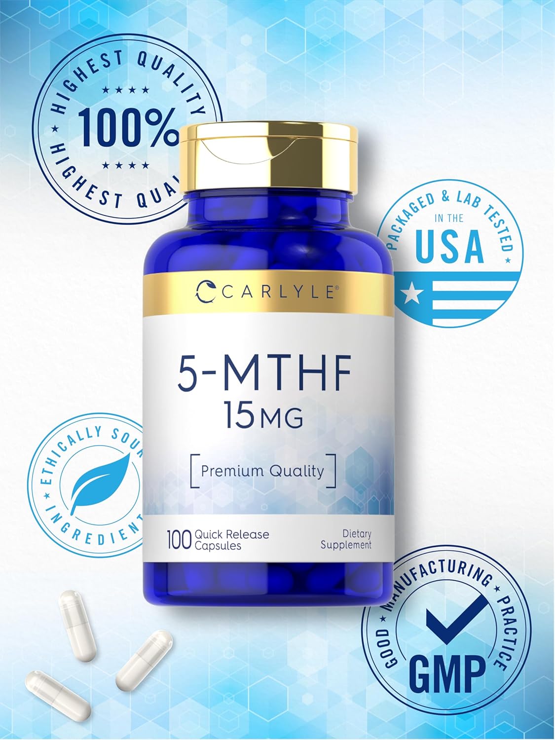 Premium Quality Carlyle 5-MTHF Supplement 15mg | 100 Capsules of L-Methylfolate | Non-GMO & Gluten Free
