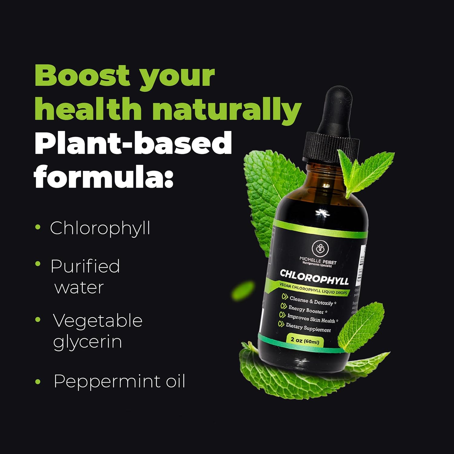Premium Quality Chlorophyll Liquid Drops by Michelle Peiret - Skin Detox and Energy Support - 2oz/60ml