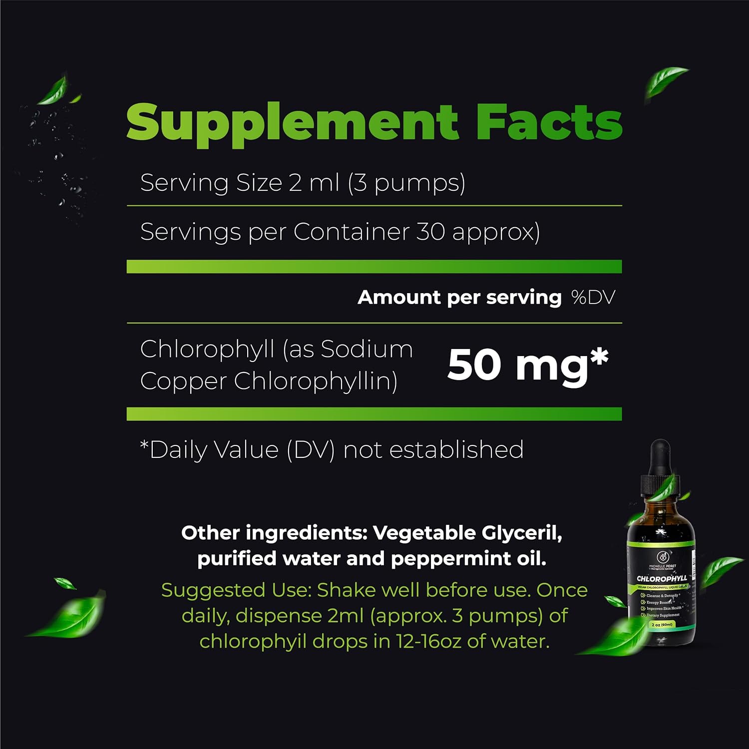 Premium Quality Chlorophyll Liquid Drops by Michelle Peiret - Skin Detox and Energy Support - 2oz/60ml