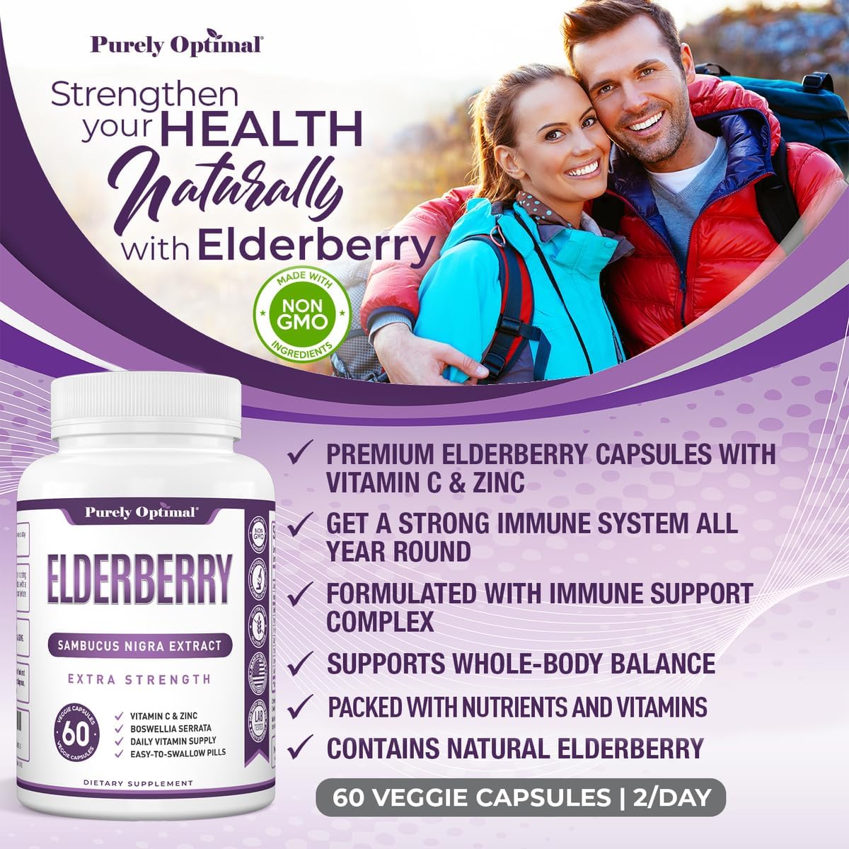Premium Quality Elderberry Capsules - Sambucus Nigra Extract Supplement - Immune Support - Non-GMO, Gluten Free, Vegan - 60 Capsules
