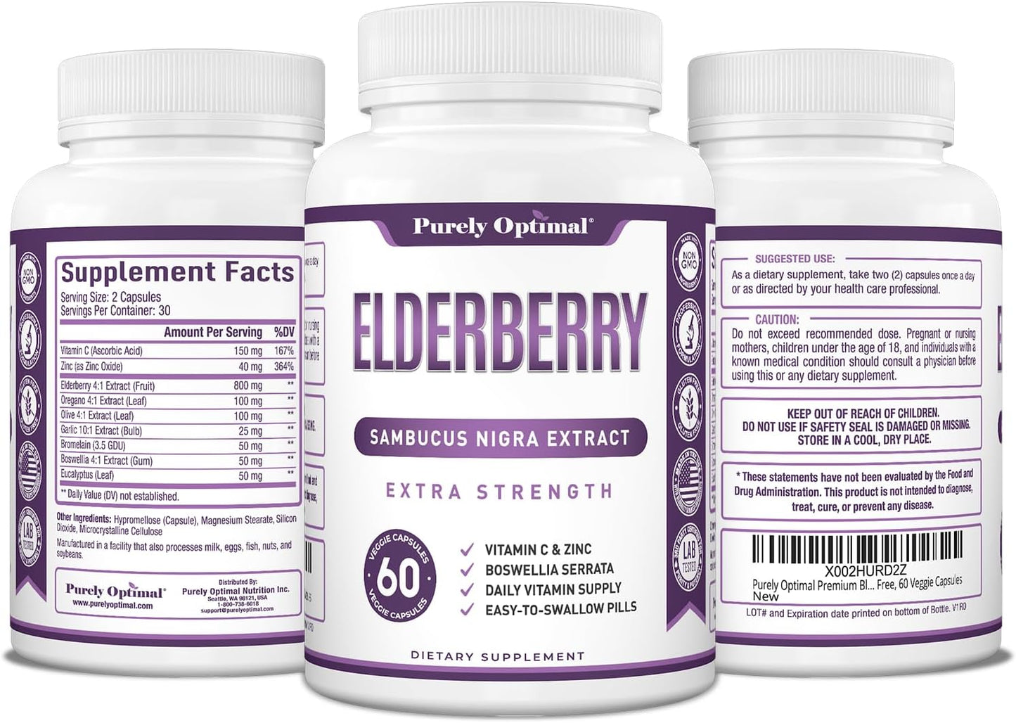 Premium Quality Elderberry Capsules - Sambucus Nigra Extract Supplement - Immune Support - Non-GMO, Gluten Free, Vegan - 60 Capsules