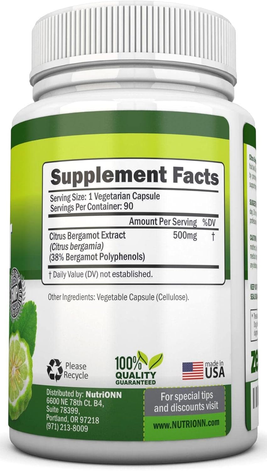 Premium Quality NutriONN Citrus Bergamot Extract Capsules - 500mg - 90 Vegetarian Capsules - 38% Polyphenols - Supports Healthy Triglyceride Levels - BoostGo Australia