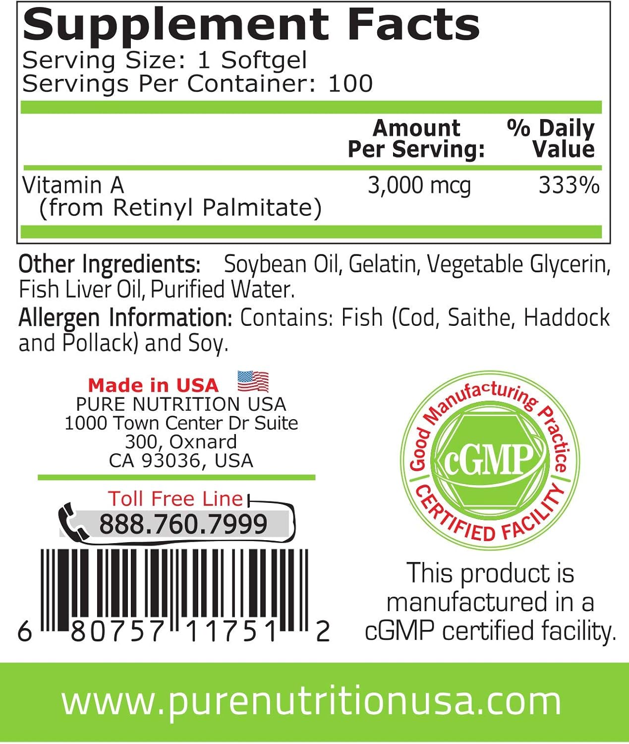 Premium Quality Vitamin A Supplement from Natural Fish Liver Oil - 100 Softgels - 10000 iu - Supports Immune System, Bones, and Vision - Non-GMO - Retinyl Palmitate Capsules
