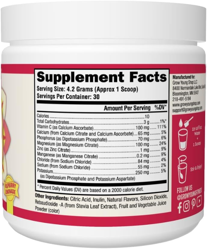 Premium Raspberry Lemonade Hydration Powder - Electrolyte Mix with Vitamins, Sugar Free, 30 Servings for Proactive Hydration - Grow Young Fitness