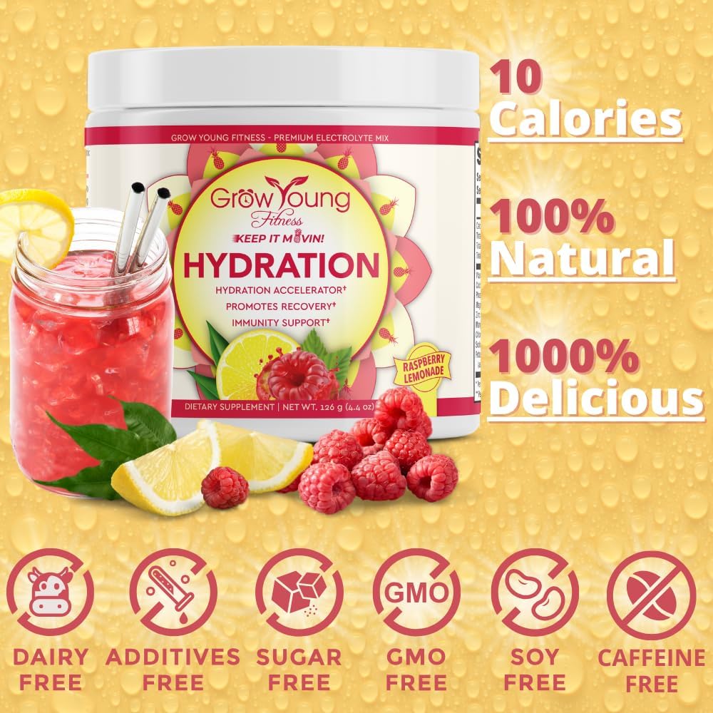 Premium Raspberry Lemonade Hydration Powder - Electrolyte Mix with Vitamins, Sugar Free, 30 Servings for Proactive Hydration - Grow Young Fitness