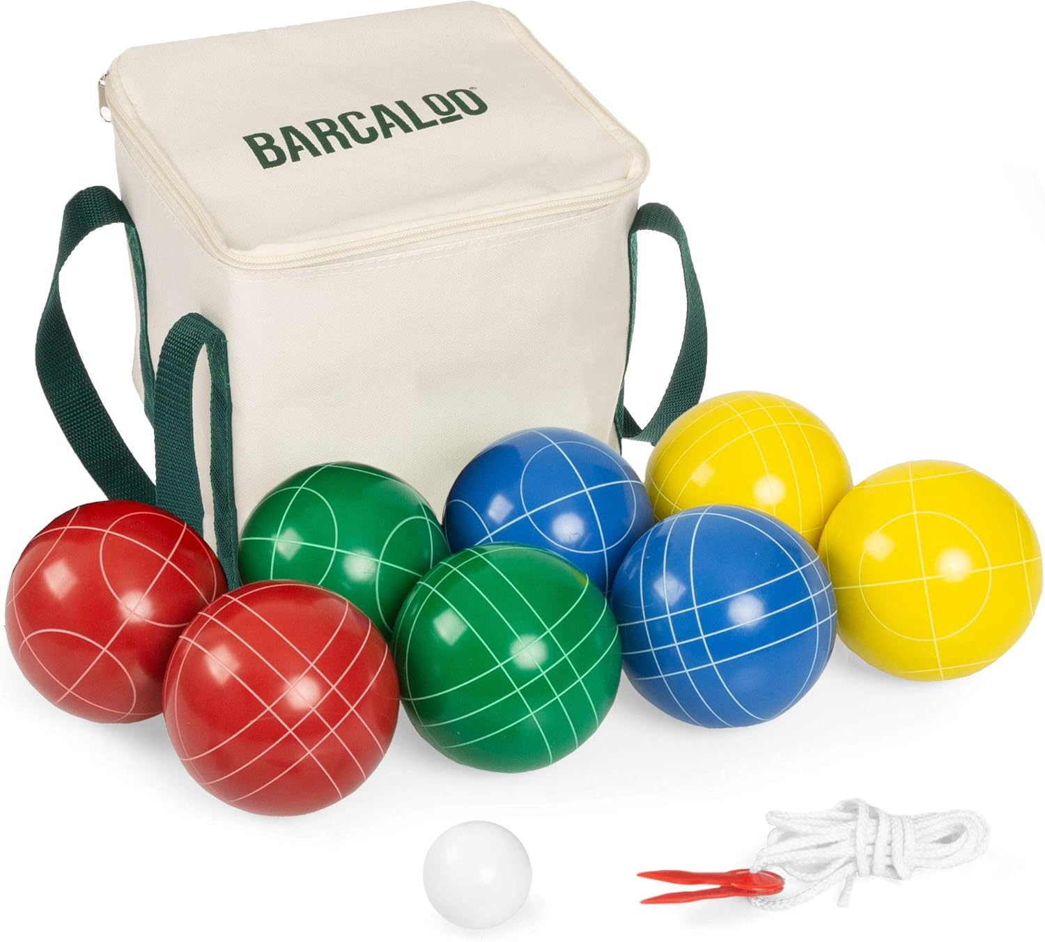 Premium Resin Bocce Ball Set with 8 Multicolor Balls, Pallino, Carry Bag & Rope by Barcaloo