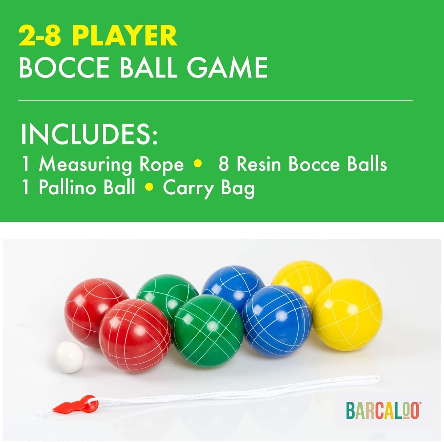 Premium Resin Bocce Ball Set with 8 Multicolor Balls, Pallino, Carry Bag & Rope by Barcaloo