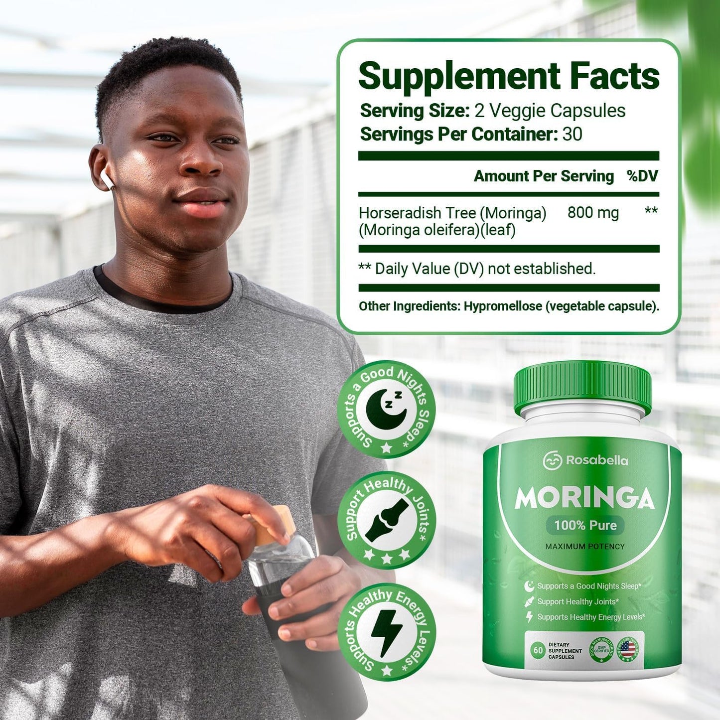 Premium Rosabella Moringa Powder Capsules for Energy, Skin & Gut Health - Natural Antioxidant Superfood with Essential Nutrients